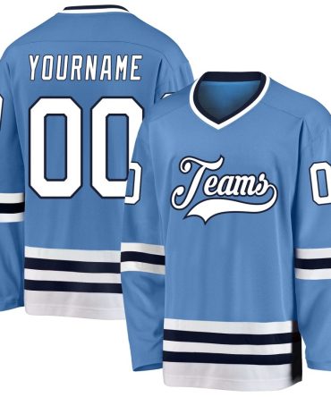 Custom Light Blue White-Navy Hockey Jersey, Gift For Hockey Fans