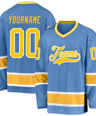 Custom Light Blue Gold-White Hockey Jersey, Gift For Hockey Fans