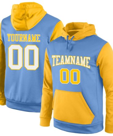 Custom Light Blue White-Gold Sports Pullover Sweatshirt Hoodie, Gift For Football, Baseball, Hockey, Basketball, Softball & Rugby Fans