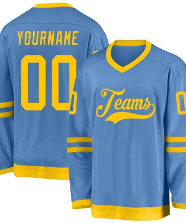 Custom Light Blue Gold Hockey Jersey, Gift For Hockey Fans