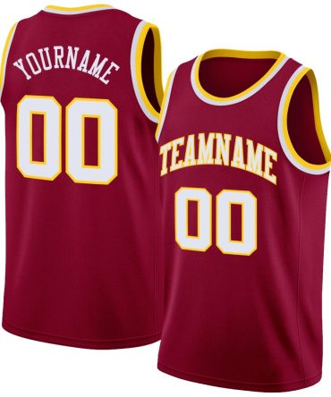 Custom Maroon White-Gold Round Neck Rib-Knit Basketball Jersey, Gift For Basketball Fans