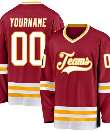 Custom Maroon White-Gold Hockey Jersey, Gift For Hockey Fans