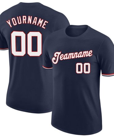 Custom Navy White-Red Performance T-Shirt, For Football, Baseball, Hockey, Basketball, Softball & Rugby Fans