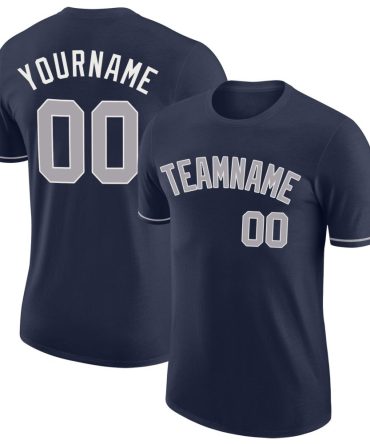 Custom Navy Gray-White Performance T-Shirt, For Football, Baseball, Hockey, Basketball, Softball & Rugby Fans