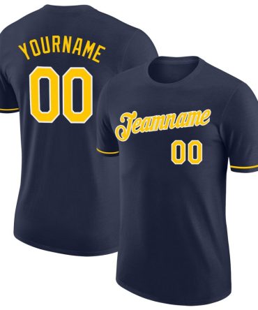Custom Navy Gold-White Performance T-Shirt, For Football, Baseball, Hockey, Basketball, Softball & Rugby Fans