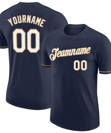 Custom Navy White-Old Gold Performance T-Shirt, For Football, Baseball, Hockey, Basketball, Softball & Rugby Fans