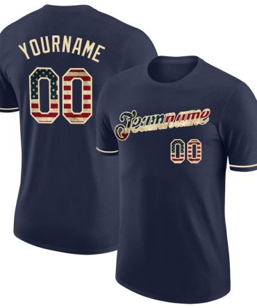 Custom Navy Vintage Usa Flag-Cream Performance T-Shirt, For Football, Baseball, Hockey, Basketball, Softball & Rugby Fans