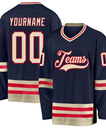 Custom Navy Cream-Red Hockey Jersey, Gift For Hockey Fans