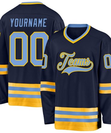 Custom Navy Light Blue-Gold Hockey Jersey, Gift For Hockey Fans
