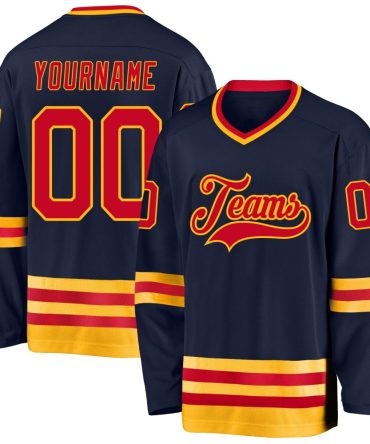 Custom Navy Red-Gold Hockey Jersey, Gift For Hockey Fans
