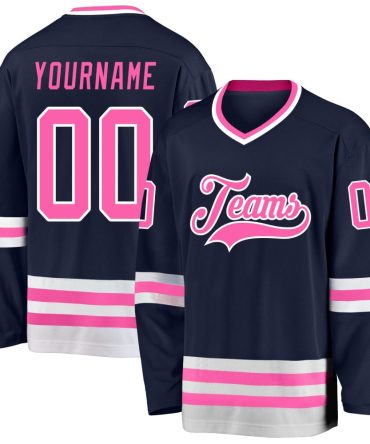Custom Navy Pink-White Hockey Jersey, Gift For Hockey Fans