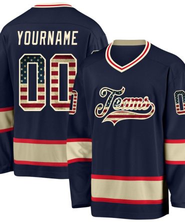 Custom Navy Vintage Usa Flag-Cream Hockey Jersey, Gift For Hockey Fans