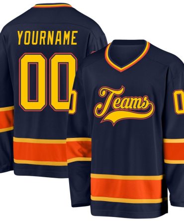 Custom Navy Gold-Orange Hockey Jersey, Gift For Hockey Fans