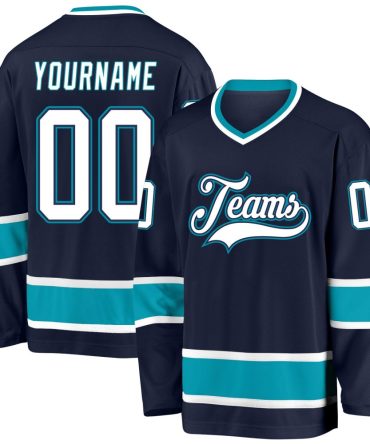 Custom Navy White-Teal Hockey Jersey, Gift For Hockey Fans