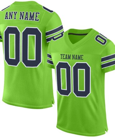 Custom Neon Green Navy-White Football Jersey, Gift For Football Fans