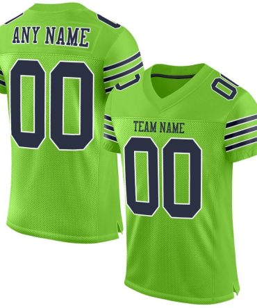 Custom Neon Green Navy-White Football Jersey, Gift For Football Fans