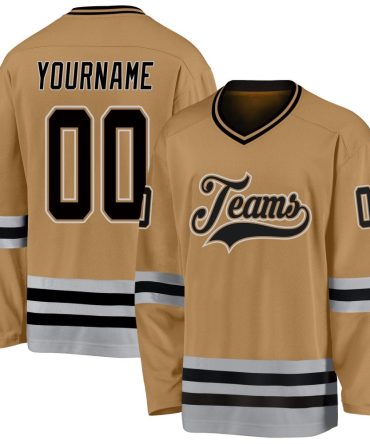 Custom Old Gold Black-Gray Hockey Jersey, Gift For Hockey Fans