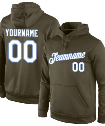 Custom Olive White-Light Blue Sports Pullover Sweatshirt Salute To Service Hoodie, Gift For Football, Baseball, Hockey, Basketball, Softball & Rugby Fans