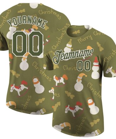 Custom Olive Olive-White Christmas 3D Performance Salute To Service T-Shirt, For Football, Baseball, Hockey, Basketball, Softball & Rugby Fans