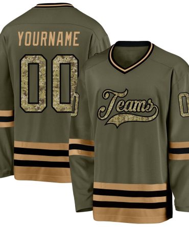 Custom Olive Camo-Old Gold Salute To Service Hockey Jersey, Gift For Hockey Fans