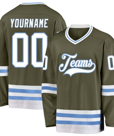 Custom Olive White-Light Blue Salute To Service Hockey Jersey, Gift For Hockey Fans
