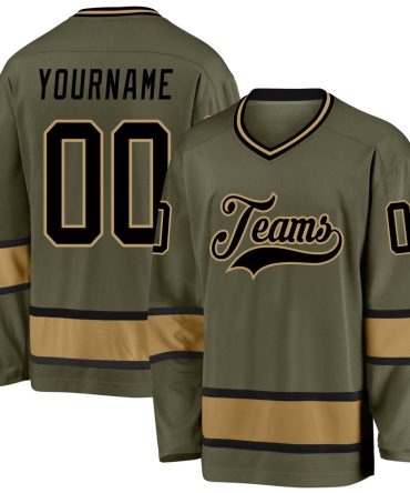 Custom Olive Black-Old Gold Salute To Service Hockey Jersey, Gift For Hockey Fans
