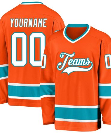 Custom Orange White-Teal Hockey Jersey, Gift For Hockey Fans