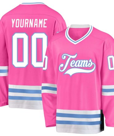 Custom Pink White-Light Blue Hockey Jersey, Gift For Hockey Fans