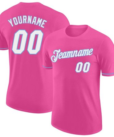 Custom Pink White-Light Blue Performance T-Shirt, For Football, Baseball, Hockey, Basketball, Softball & Rugby Fans