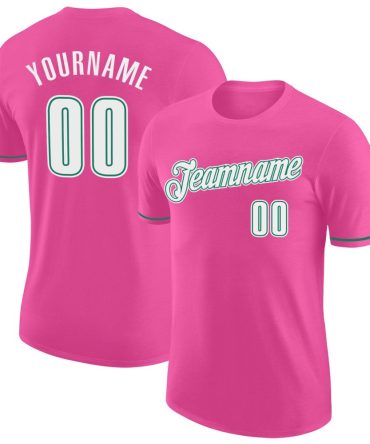 Custom Pink White-Kelly Green Performance T-Shirt, For Football, Baseball, Hockey, Basketball, Softball & Rugby Fans