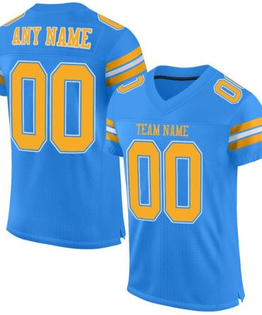 Custom Powder Blue Gold-White Football Jersey, Gift For Football Fans