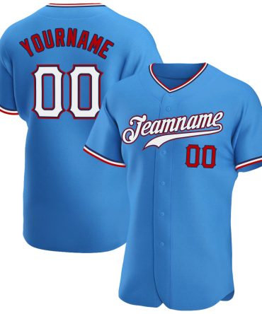 Custom Powder Blue White-Red Baseball Jersey, Gift For Baseball Fans