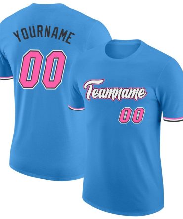 Custom Powder Blue Pink-Black Performance T-Shirt, For Football, Baseball, Hockey, Basketball, Softball & Rugby Fans