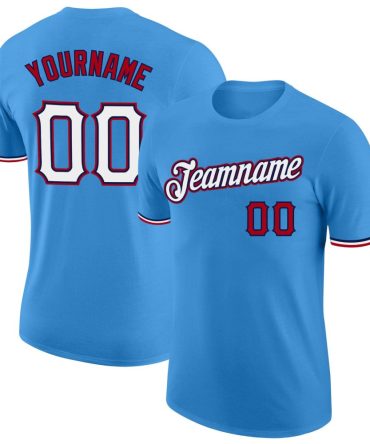 Custom Powder Blue White-Red Performance T-Shirt, For Football, Baseball, Hockey, Basketball, Softball & Rugby Fans