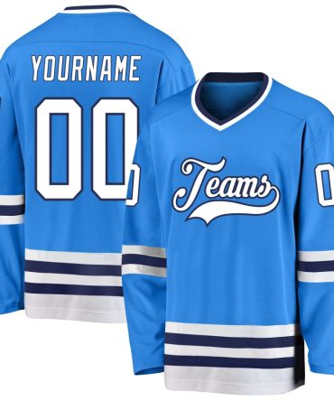 Custom Powder Blue White-Navy Hockey Jersey, Gift For Hockey Fans