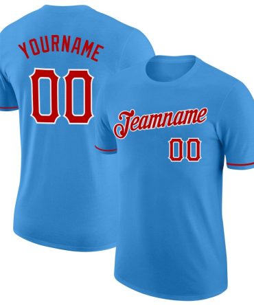 Custom Powder Blue Red-White Performance T-Shirt, For Football, Baseball, Hockey, Basketball, Softball & Rugby Fans
