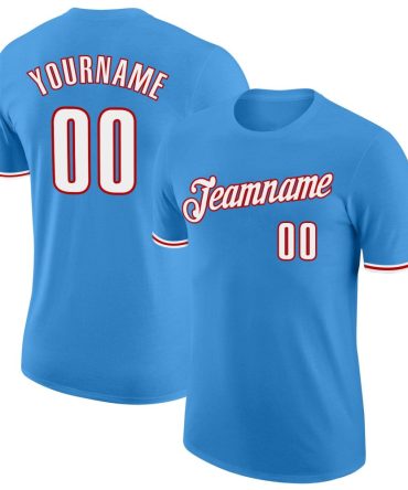 Custom Powder Blue White-Red Performance T-Shirt, For Football, Baseball, Hockey, Basketball, Softball & Rugby Fans
