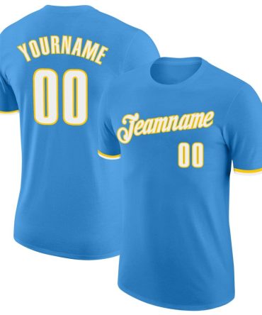 Custom Powder Blue White-Gold Performance T-Shirt, For Football, Baseball, Hockey, Basketball, Softball & Rugby Fans