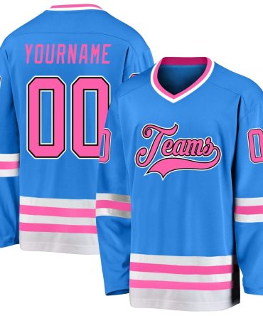 Custom Powder Blue Pink-Black Hockey Jersey, Gift For Hockey Fans