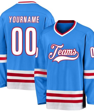 Custom Powder Blue White-Red Hockey Jersey, Gift For Hockey Fans