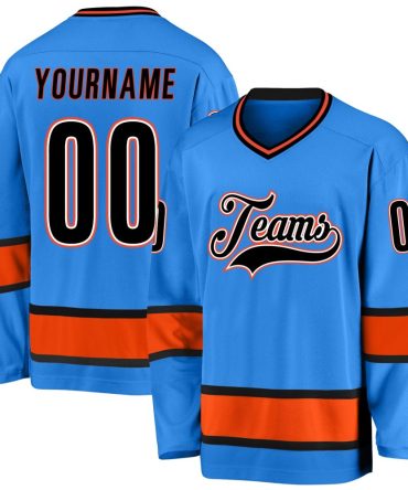 Custom Powder Blue Black-Orange Hockey Jersey, Gift For Hockey Fans