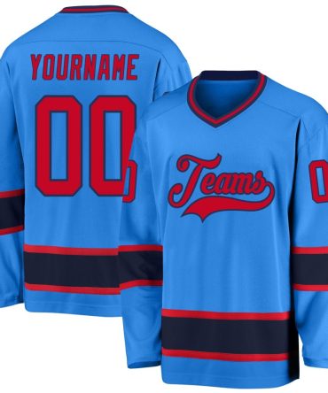 Custom Powder Blue Red-Navy Hockey Jersey, Gift For Hockey Fans