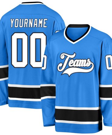 Custom Powder Blue White-Black Hockey Jersey, Gift For Hockey Fans