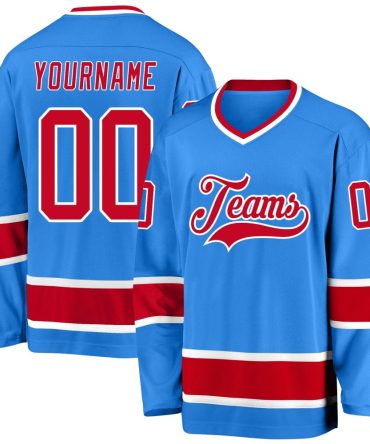 Custom Powder Blue Red-White Hockey Jersey, Gift For Hockey Fans