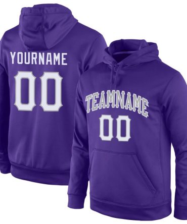 Custom Purple White-Gray Sports Pullover Sweatshirt Hoodie, Gift For Football, Baseball, Hockey, Basketball, Softball & Rugby Fans