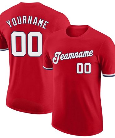 Custom Red White-Navy Performance T-Shirt, For Football, Baseball, Hockey, Basketball, Softball & Rugby Fans