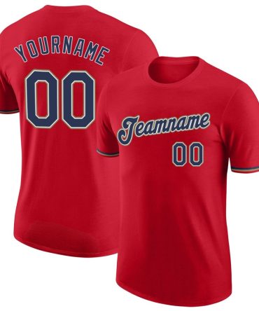 Custom Red Navy-Old Gold Performance T-Shirt, For Football, Baseball, Hockey, Basketball, Softball & Rugby Fans