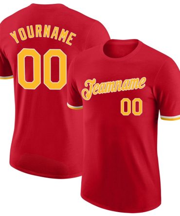 Custom Red Gold-White Performance T-Shirt, For Football, Baseball, Hockey, Basketball, Softball & Rugby Fans
