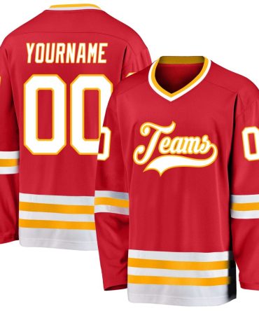 Custom Red White-Gold Hockey Jersey, Gift For Hockey Fans