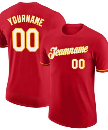 Custom Red White-Gold Performance T-Shirt, For Football, Baseball, Hockey, Basketball, Softball & Rugby Fans